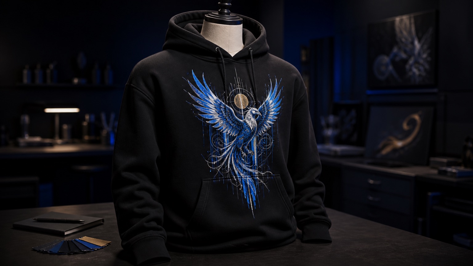 Schwarzer Hoodie auf einer Schneiderpuppe mit großflächig bedrucktem Einzelmotiv