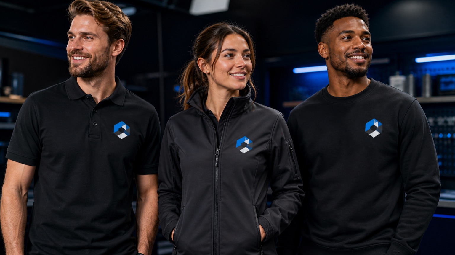 Drei Personen in schwarzer Firmenkleidung mit aufgedrucktem Logo auf Polo, Softshelljacke und Sweatshirt