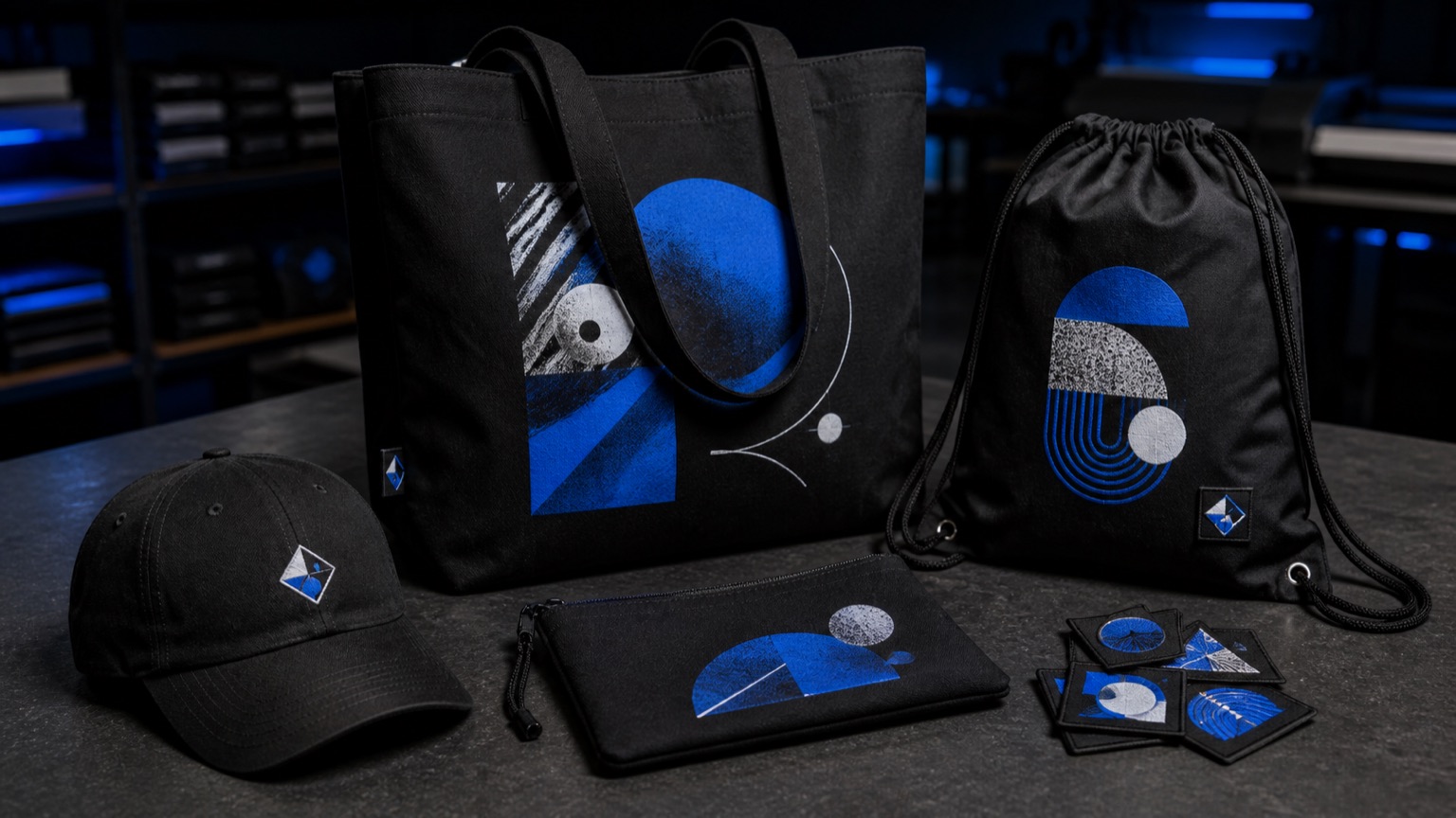 Bedruckte Stofftasche, Cap, Turnbeutel und Etui als Merchandise-Artikel im DTF-Druck