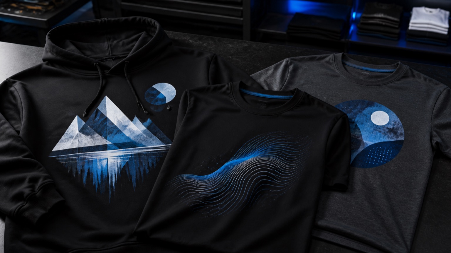 Schwarzer Hoodie und zwei T-Shirts mit mehrfarbig bedruckten Motiven im DTF-Verfahren