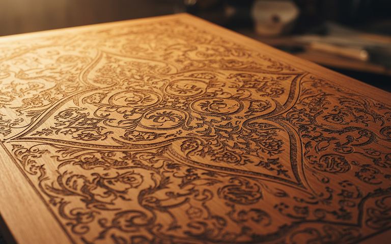 Holzplatte mit feiner ornamentaler Lasergravur aus verschlungenen Ranken