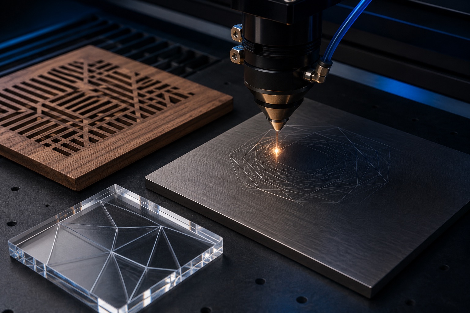Lasergravur in Holz, Acryl und Edelstahl mit sichtbarem Laserkopf