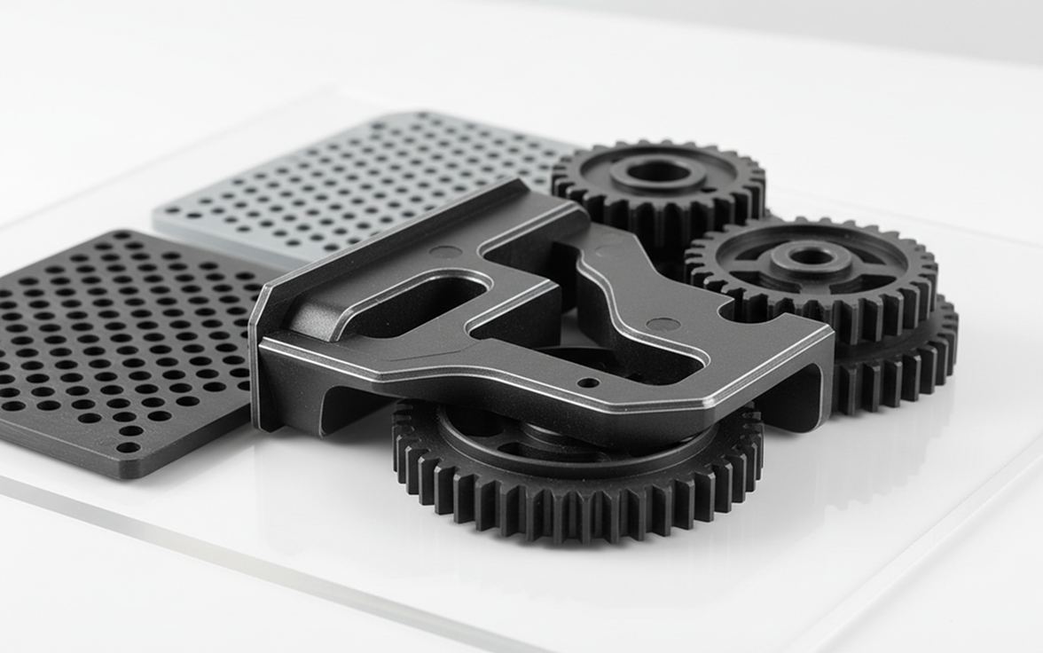 Schwarze Bauteile aus Kunststoff: Zahnräder, ein Hebelarm und zwei gelochte Platten
