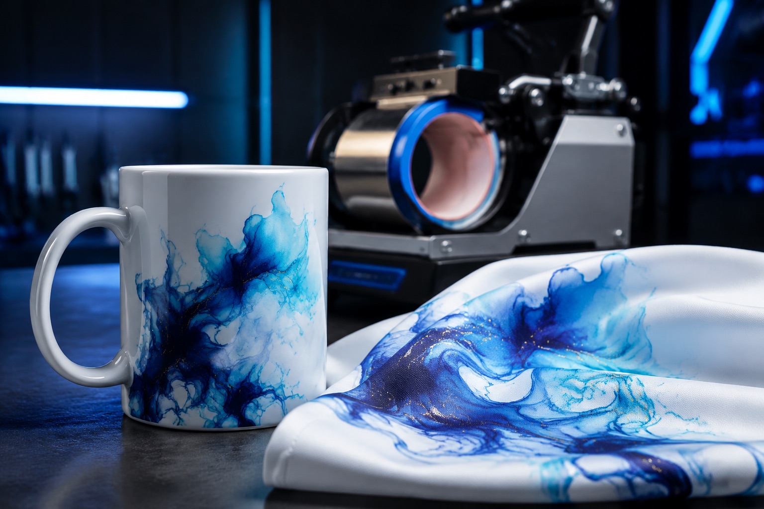 Sublimationsdruck auf Tasse und Polyestertextil vor der Transferpresse