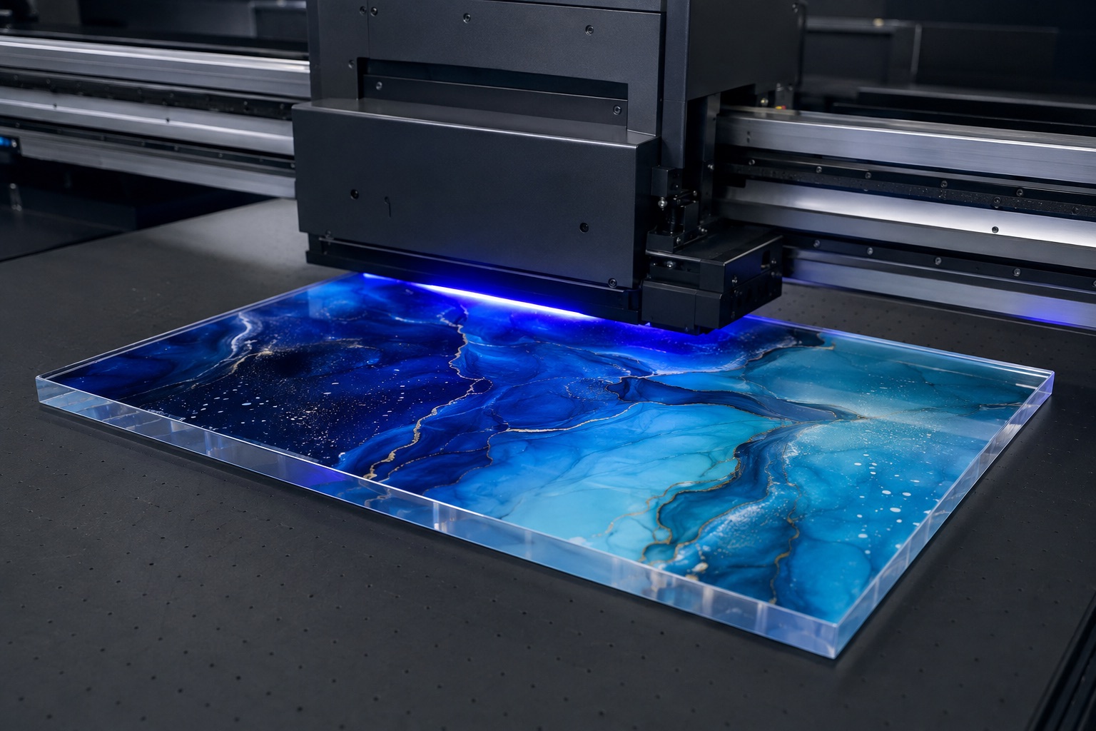 UV-Direktdruck auf einer Acrylplatte im Flachbettdrucker