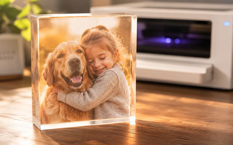 Acrylblock mit UV-Druck eines Fotos von einem Kind und einem Hund