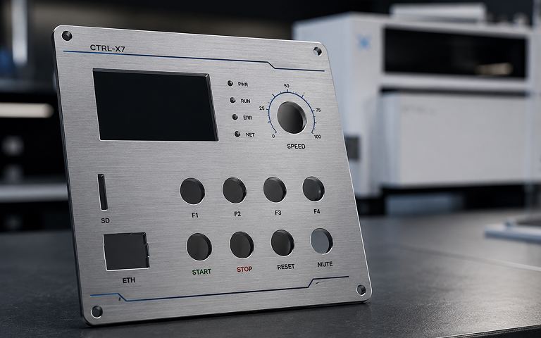 Bedienfeld einer Maschine mit UV-bedruckten Tasten und Beschriftungen